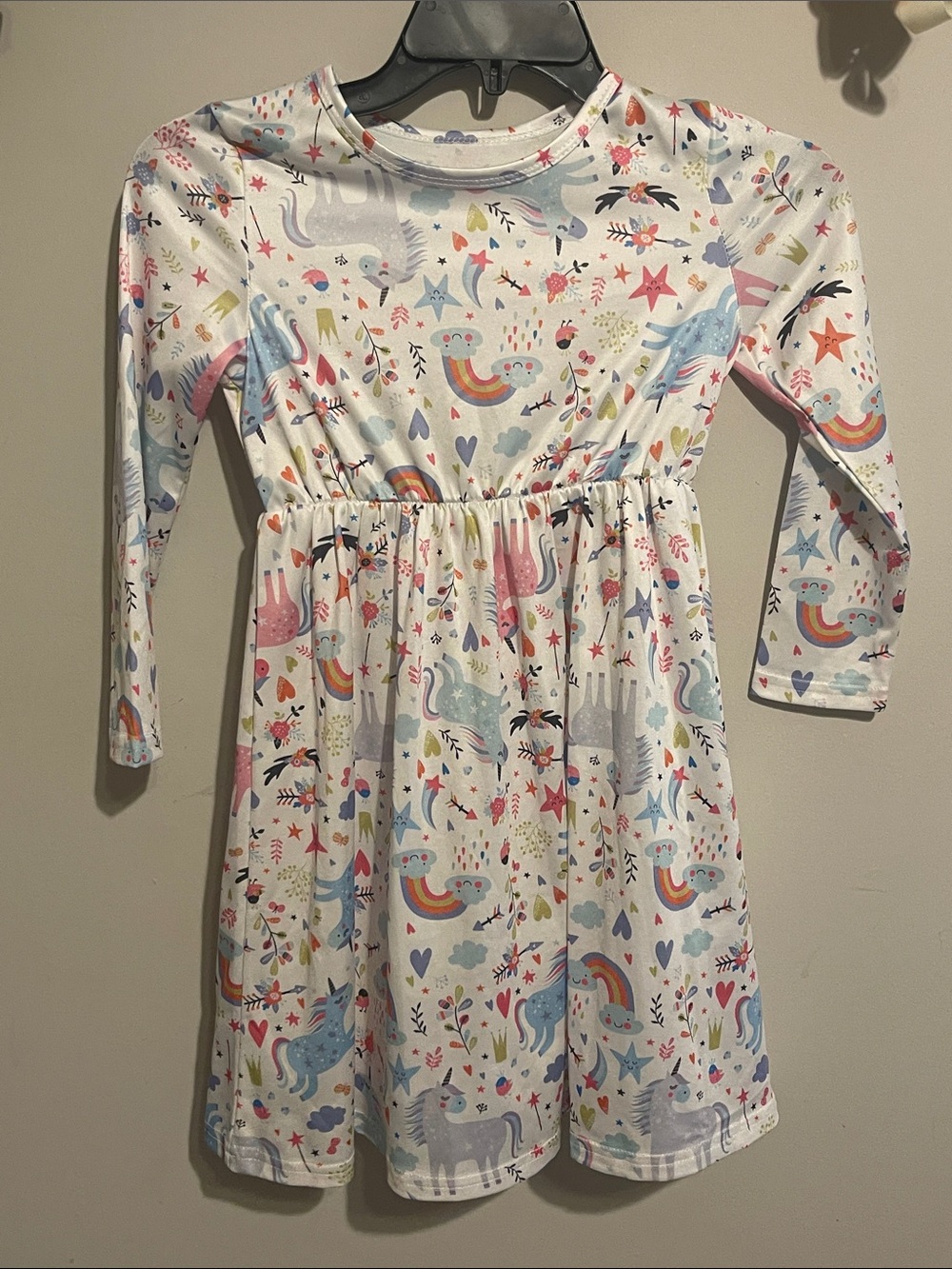 Girls White Unicorn & Rainbow Print Long Sleeve Dress 7Y SHEIN